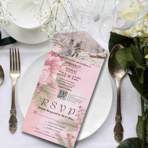 ピンクウィンターベリーフローラミニマルクリスマスQRコード オールインワン招待状