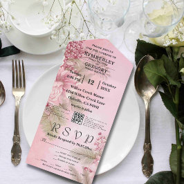 ピンクウィンターベリーフローラミニマルクリスマスQRコード オールインワン招待状