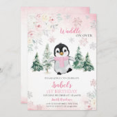 ピンクウィンターペンギン誕生日パーティー 招待状 (正面/裏面)