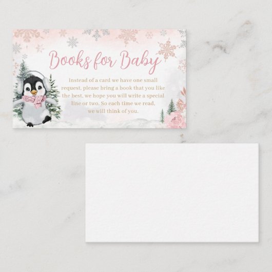 ピンクウィンターペンギン赤ちゃんシャワーベビー エンクロージャーカード (正面/裏面)