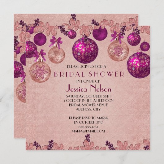 ピンクウィンターホリデーオーナメントブライダルシャワー 招待状 (正面/裏面)