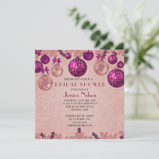 ピンクウィンターホリデーオーナメントブライダルシャワー 招待状 (スタンド正面)