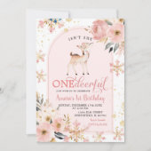 ピンクウィンターワンダーフルスノーフレークフローラ誕生日 招待状 (正面)