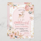 ピンクウィンターワンダーフルスノーフレークフローラ誕生日 招待状 (正面/裏面)