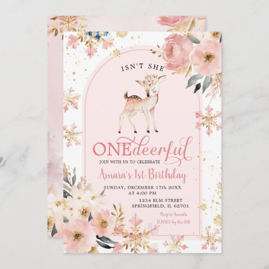 ピンクウィンターワンダーフルスノーフレークフローラ誕生日 招待状 (正面/裏面)