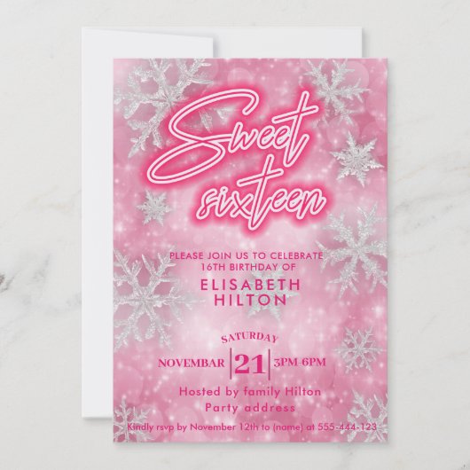 ピンクウィンターワンダーランドスノーフレーク甘い16 招待状 (正面)