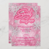 ピンクウィンターワンダーランドスノーフレーク甘い16 招待状 (正面/裏面)