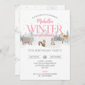 ピンクウィンターワンダーランド誕生日ガールズ5th誕生日 招待状 (正面/裏面)