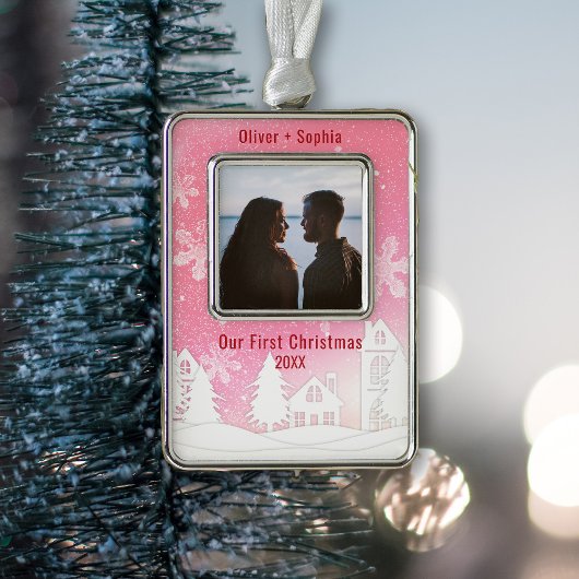 ピンクウィンターワンダーランド雪の家の写真 シルバープレートフレームオーナメント