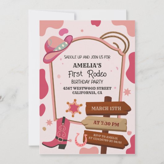 ピンクウェスタンのワイルドウェストの女の子の最初のロデオ誕生日 招待状 (正面)