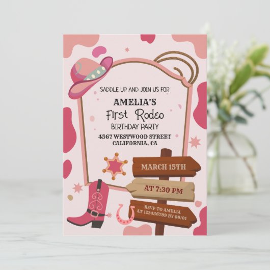 ピンクウェスタンのワイルドウェストの女の子の最初のロデオ誕生日 招待状 (スタンド正面)