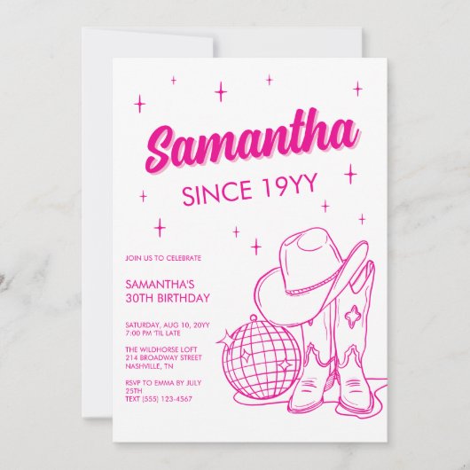 ピンクウェスタンカントリーディスコ30th誕生日パーティー 招待状 (正面)
