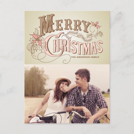 ピンクウェスタンタイポグラフィメリークリスマスフォト シーズンポストカード (正面)