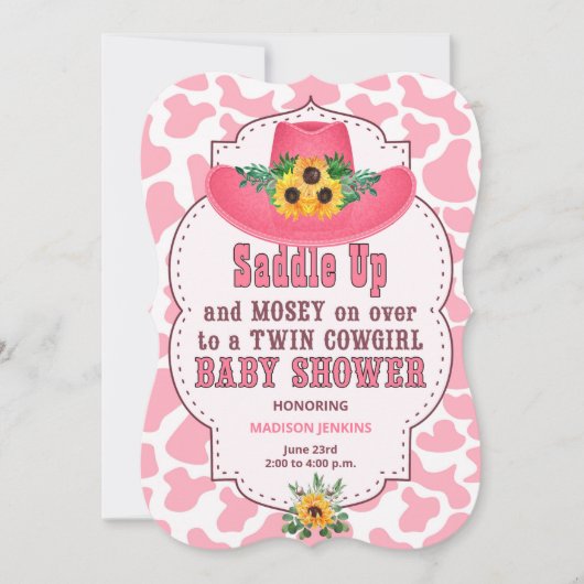 ピンクウェスタンツイン女性のカーボーイベビーシャワー 招待状 (正面)