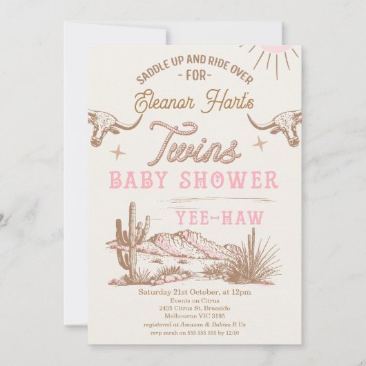 ピンクウェスタンデザートロデオツインズベビーシャワー 招待状 (正面)