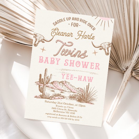 ピンクウェスタンデザートロデオツインズベビーシャワー 招待状