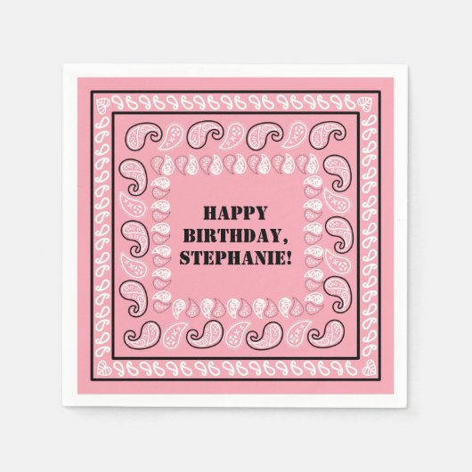 ピンクウェスタンバンダナプリント誕生日パーティー スタンダードカクテルナプキン (正面)