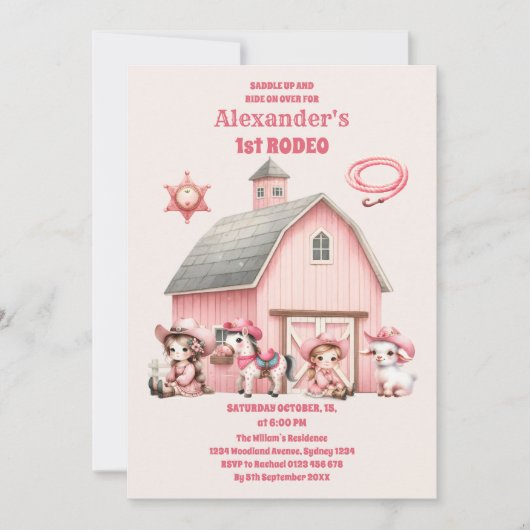 ピンクウェスタンファースト誕生日ロデオベビーガール 招待状 (正面)