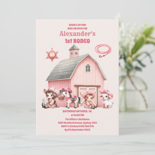 ピンクウェスタンファースト誕生日ロデオベビーガール 招待状 (スタンド正面)