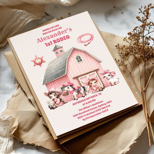 ピンクウェスタンファースト誕生日ロデオベビーガール 招待状