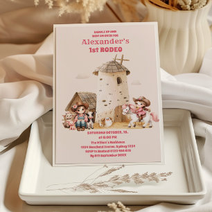 ピンクウェスタンファースト誕生日ロデオベビーガール 招待状