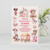 ピンクウェスタンファースト誕生日ロデオベビーガール 招待状 (スタンド正面)