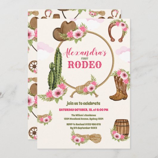 ピンクウェスタンファースト誕生日ロデオベビーガール 招待状 (正面/裏面)