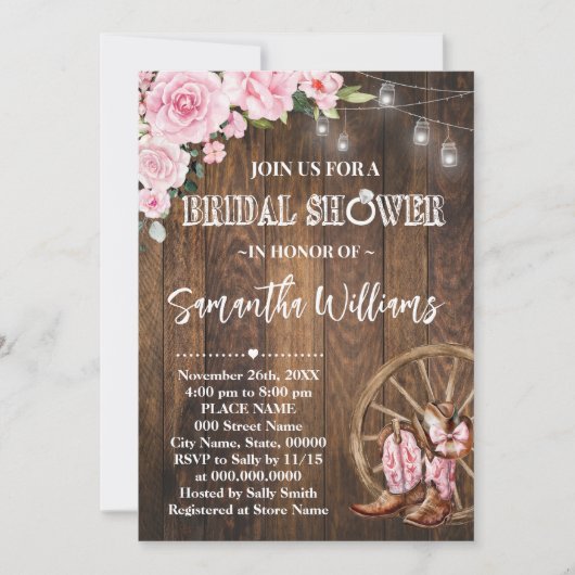 ピンクウェスタンブライダルシャワーカントリーウェディングシャワー 招待状 (正面)