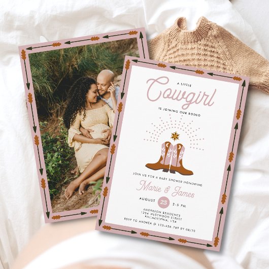 ピンクウェスタンリトル女性のカーボーイロデオベビーシャワー 招待状