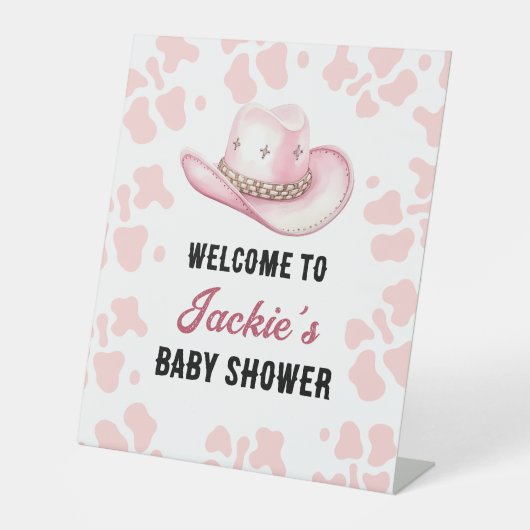 ピンクウェスタンロデオ女性のカーボーイベビーシャワーウェルカム 台座サイン (正面)