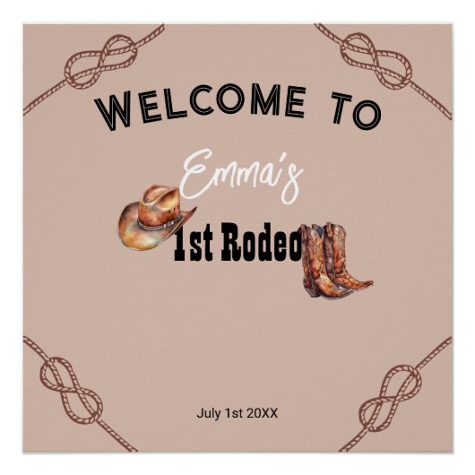 ピンクウェスタンロデオ女性のカーボーイ1st誕生日パーティーサイン ポスター (正面)