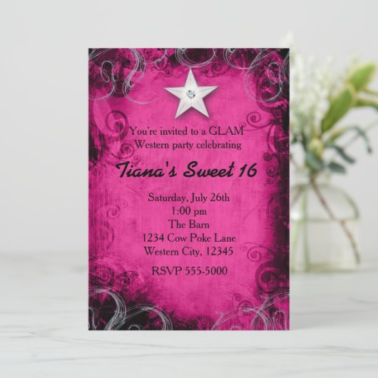 ピンクウェスタン女性のカーボーイグランジスターパーティの招待状 招待状 (スタンド正面)