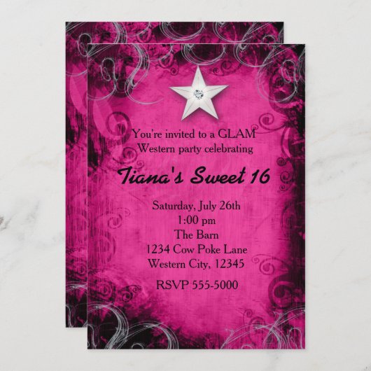 ピンクウェスタン女性のカーボーイグランジスターパーティの招待状 招待状 (正面/裏面)