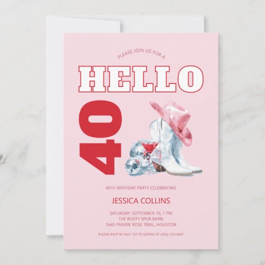ピンクウェスタン女性のカーボーイディスコ40th誕生日パーティー 招待状 (正面)