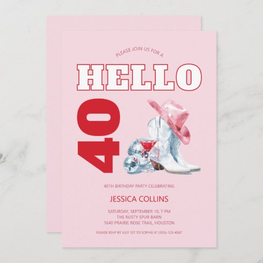 ピンクウェスタン女性のカーボーイディスコ40th誕生日パーティー 招待状 (正面/裏面)