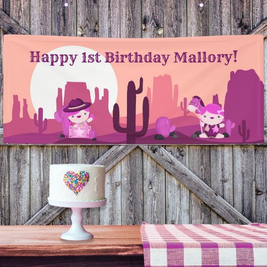 ピンクウェスタン女性のカーボーイデザートエイジ1誕生日 横断幕