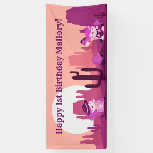 ピンクウェスタン女性のカーボーイデザートエイジ1誕生日 横断幕 (縦)