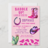 ピンクウェスタン女性のカーボーイファーストロデオガールズ誕生日 招待状 (正面)