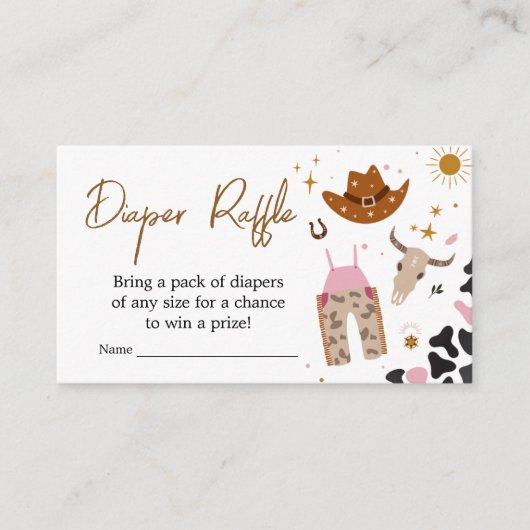 ピンクウェスタン女性のカーボーイベビーシャワーおむつラッフル エンクロージャーカード (正面)
