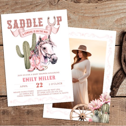 ピンクウェスタン女性のカーボーイベビーシャワーフォト招待状 招待状