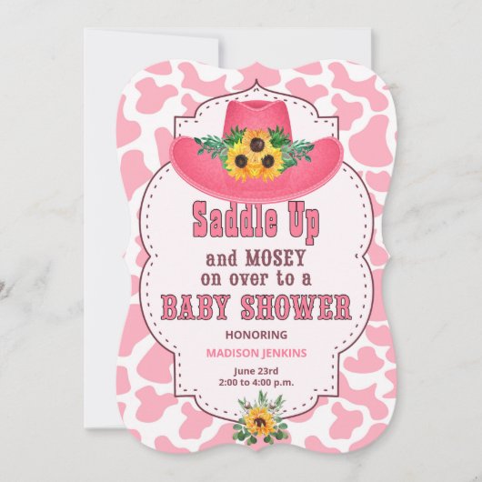 ピンクウェスタン女性のカーボーイベビーシャワー 招待状 (正面)