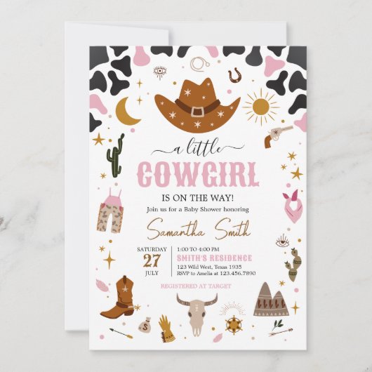 ピンクウェスタン女性のカーボーイベビーシャワー 招待状 (正面)