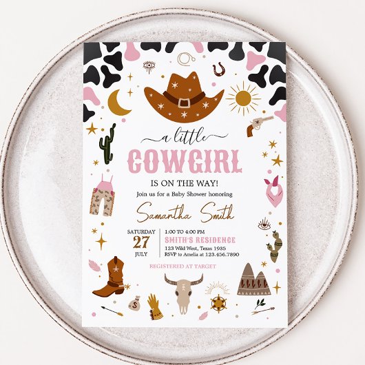 ピンクウェスタン女性のカーボーイベビーシャワー 招待状