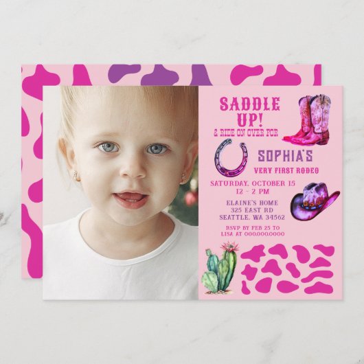 ピンクウェスタン女性のカーボーイロデオガールズフォト誕生日 招待状 (正面/裏面)