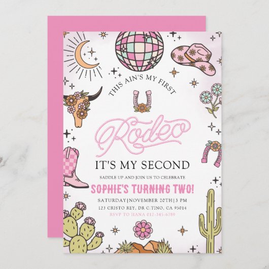 ピンクウェスタン女性のカーボーイロデオ2nd誕生日パーティー 招待状 (正面/裏面)