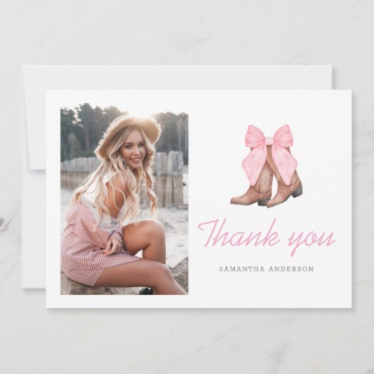 ピンクウェスタン女性のカーボーイ写真卒業 サンキューカード (正面)