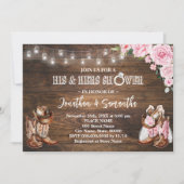ピンクウェスタン彼と彼女のシャワー結婚納屋 招待状 (正面)