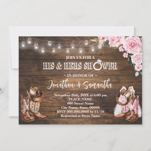 ピンクウェスタン彼と彼女のシャワー結婚納屋 招待状 (正面)