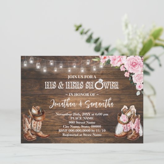 ピンクウェスタン彼と彼女のシャワー結婚納屋 招待状 (スタンド正面)