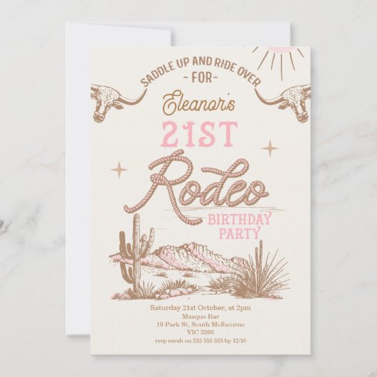 ピンクウェスタン砂漠21stロデオ21st誕生日 招待状 (正面)